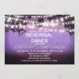 purple night & string lights rehearsal dinner invitation
