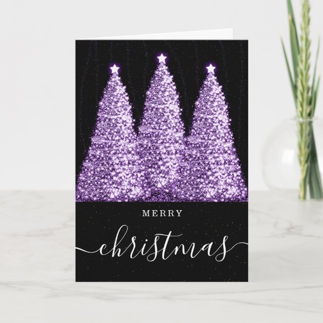 Purple No Photo Christmas Holidays Glitter Trees Holiday Card (Front)