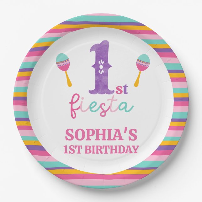 Purple Number Fiesta 1st Birthday Paper Plate (Front)