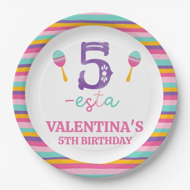 Purple Number Fiesta 5th Birthday Paper Plate (Front)