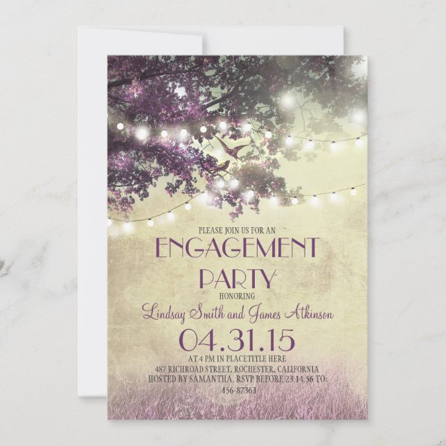 Purple oak tree lights love birds engagement party invitation (Front)