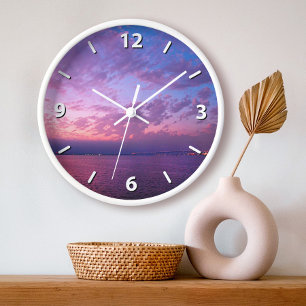 Purple ocean sunset clouds photo modern elegant large clock