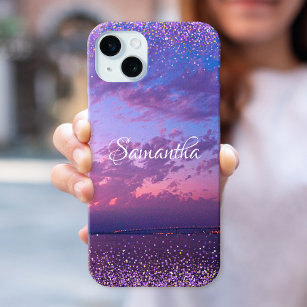 Purple Ocean Sunset Photo Confetti Name Script iPhone 15 Mini Case