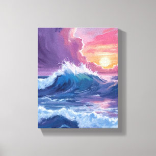 Purple Ocean Waves Sunset Watercolor Painting Canvas Print