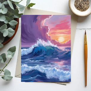 Purple Ocean Waves Sunset Watercolor Painting Postcard