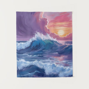 Purple Ocean Waves Sunset Watercolor Painting Tapestry