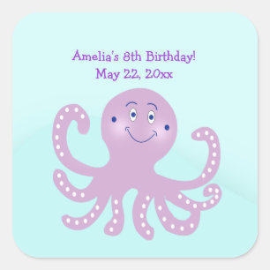 Purple Octopus Birthday SQUARE Favour Sticker