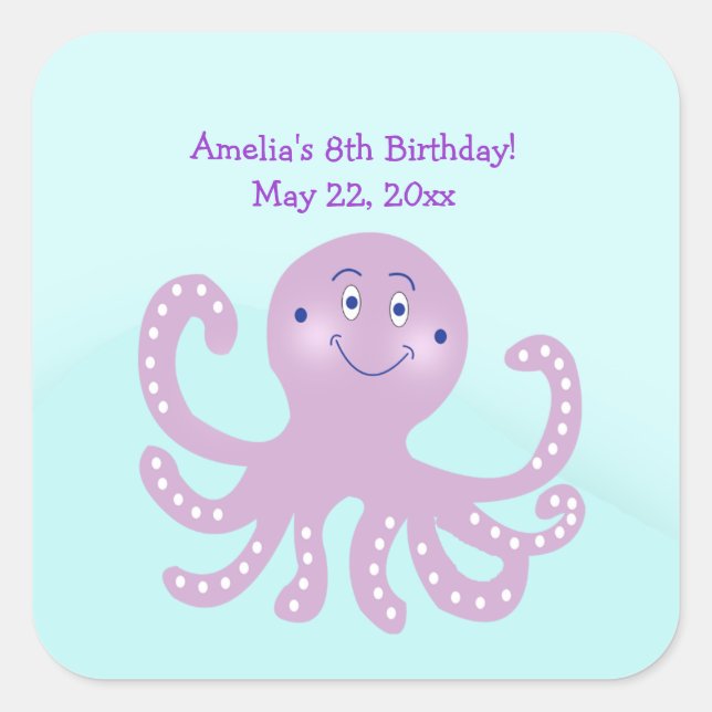 Purple Octopus Birthday SQUARE Favour Sticker (Front)