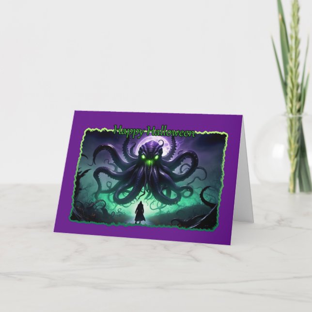 Purple Octopus Monster Halloween Card (Front)