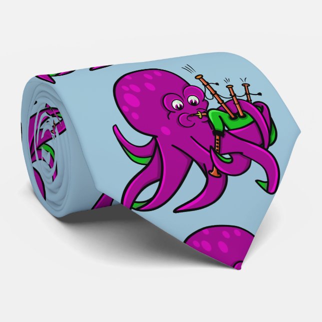 Purple Octopus Playing Green Bagpipes Tie (Rolled)