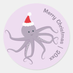 Purple Octopus Santa Merry Christmas Classic Round Sticker