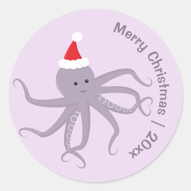 Purple Octopus Santa Merry Christmas Classic Round Sticker (Front)