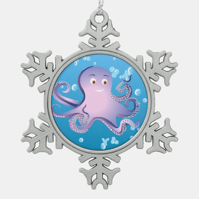 Purple Octopus Snowflake Pewter Christmas Ornament (Front)