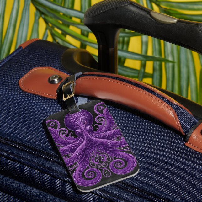 Purple Octopus Victorian Steampunk Kraken  Luggage Tag (Front Insitu 1)
