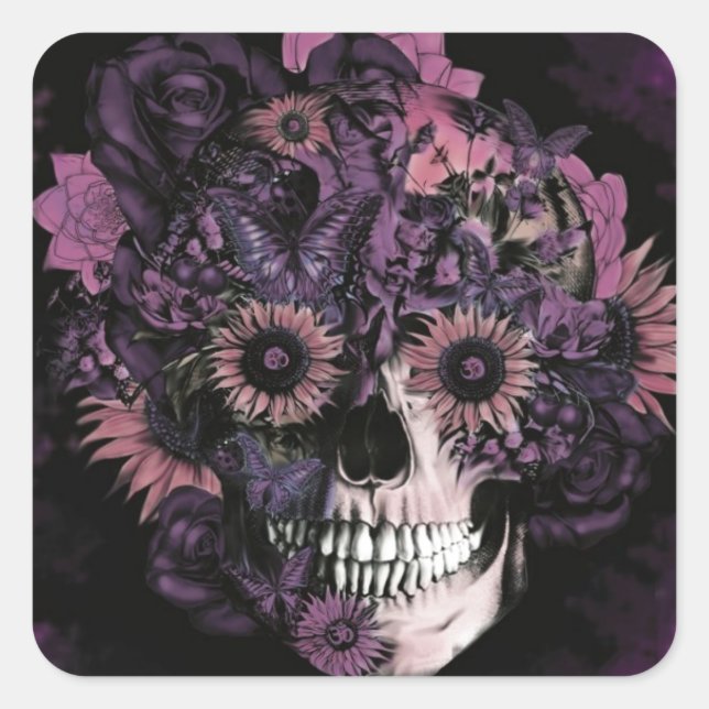 Purple ohm skull with paint splatters. square sticker (Front)