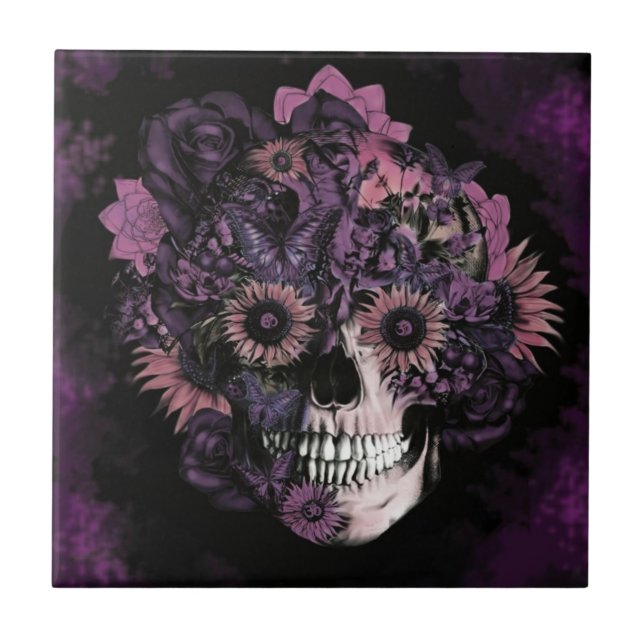 Purple ohm skull with paint splatters. tile (Front)