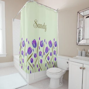 Purple& olive green watercolor tulips Monogram Shower Curtain