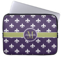 Purple Olive Green White Fleur de Lis Monogram