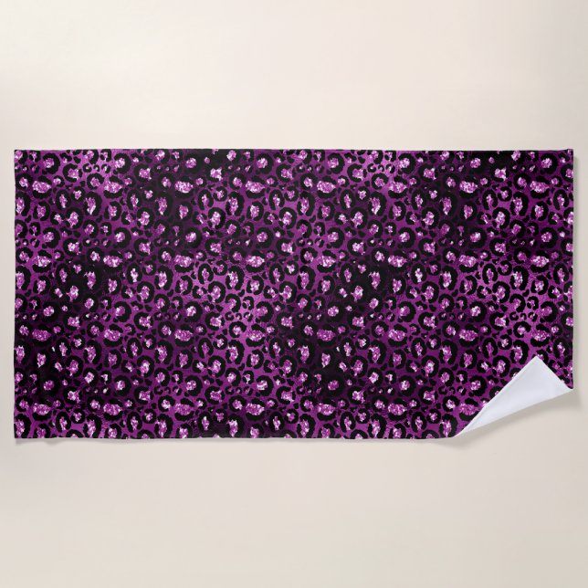 Purple Ombre & Black Glam Glitter Leopard Spots Beach Towel (Front)