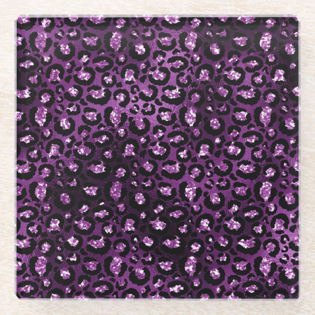 Purple Ombre & Black Glam Glitter Leopard Spots Glass Coaster (Front)