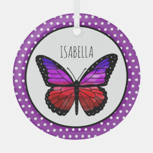 Purple Ombre Butterfly Polka Dot Personalised    Glass Tree Decoration