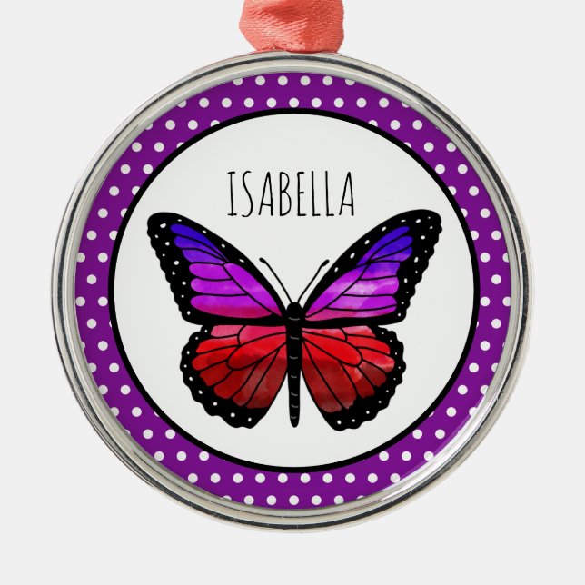 Purple Ombre Butterfly Polka Dot Personalised  Metal Tree Decoration (Front)
