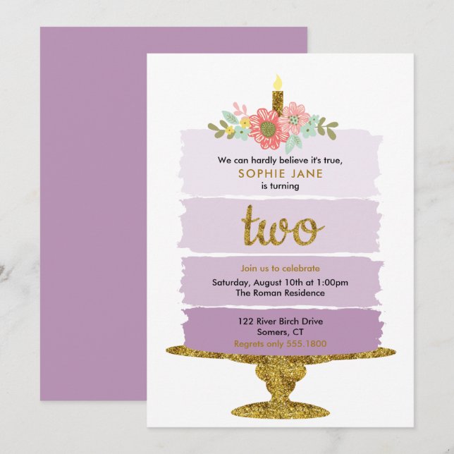 Purple Ombre Cake 2nd Birthday Glitter Two Invitation (Front/Back)
