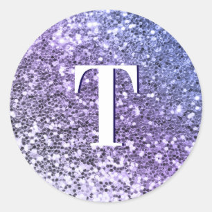 Purple Ombre Chunky Glitter Monogrammed Classic Round Sticker