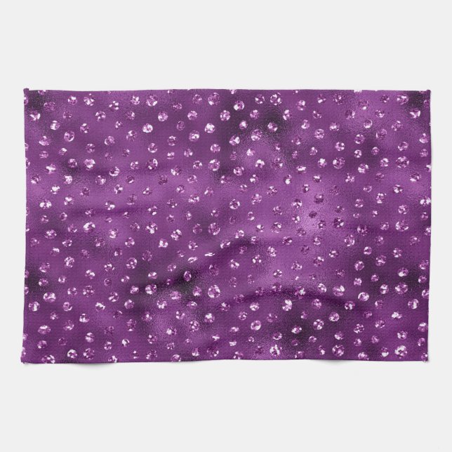 Purple Ombre Glam Glitter Polka Dots Pattern Tea Towel (Horizontal)