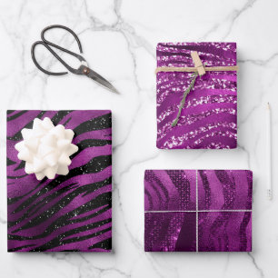 Purple Ombre Glam Glitter Tiger Stripes Patterns Wrapping Paper Sheet
