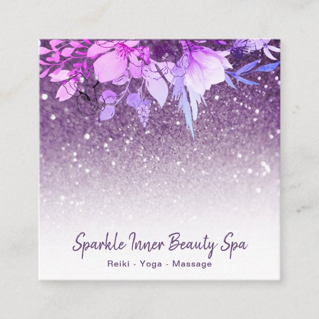 ~ Purple Ombre Glitter Beauty Spa Floral Square Business Card (Front)