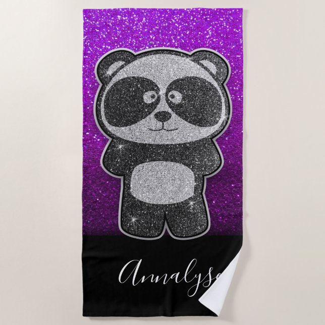 Purple Ombre Glitter Black White Panda Bear Bling Beach Towel (Front)