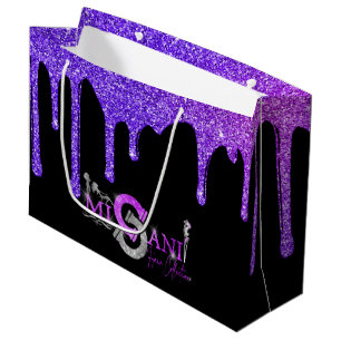 Purple Ombre Glitter Drips on Black Corporate Logo Large Gift Bag