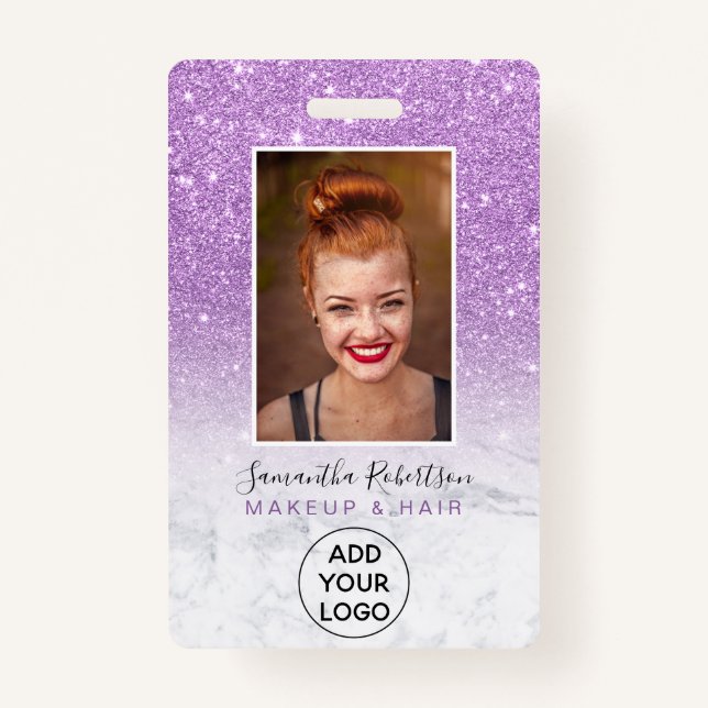 Purple ombre glitter marble logo employee photo ID badge (Front)