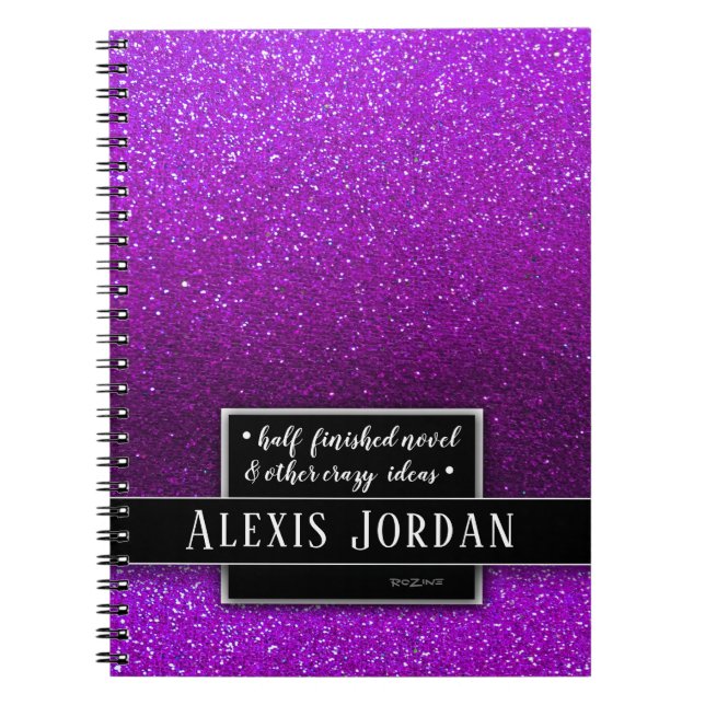 Purple Ombre Glitter Sparkles Black White Monogram Notebook (Front)