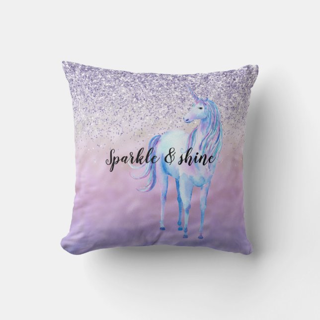 Purple Ombre Glitter Unicorn Cushion (Front)