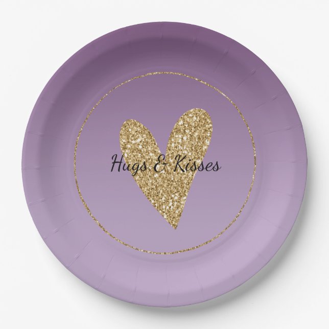 Purple Ombre Gold Glitter Heart Paper Plate (Front)