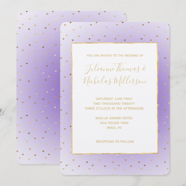 Purple Ombre Gold Hearts Wedding Invitation (Front/Back)