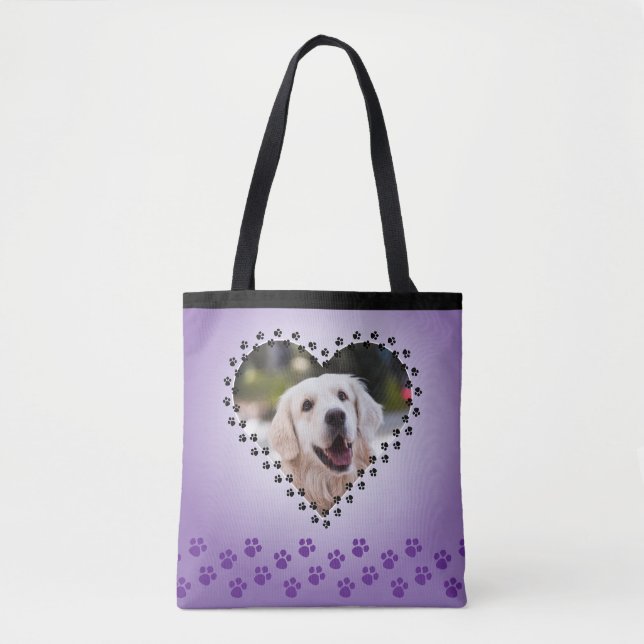 Purple Ombre Heart Paw Prints Custom Dog Mum Tote Bag (Front)