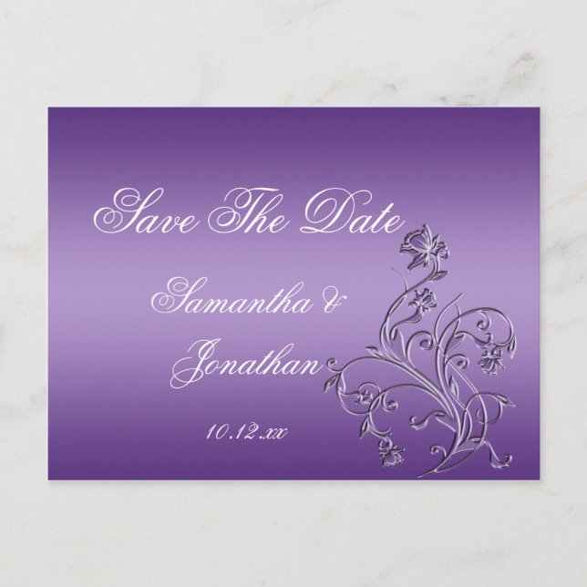 Purple Ombre Ornate Floral Swirls Save The Date Announcement Postcard (Front)