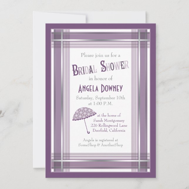 Purple Ombre Plaid Umbrella Bridal Shower Invitation (Front)