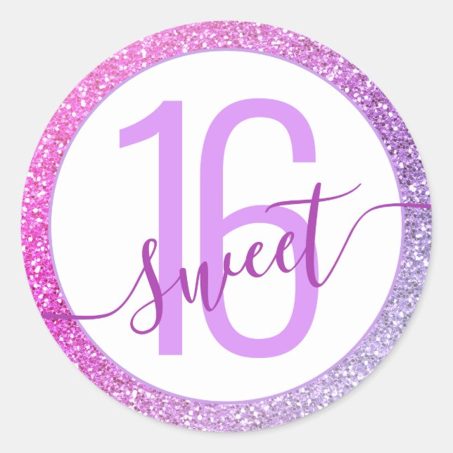 Purple Ombre Rainbow Glitter Sweet 16 Birthday Classic Round Sticker (Front)