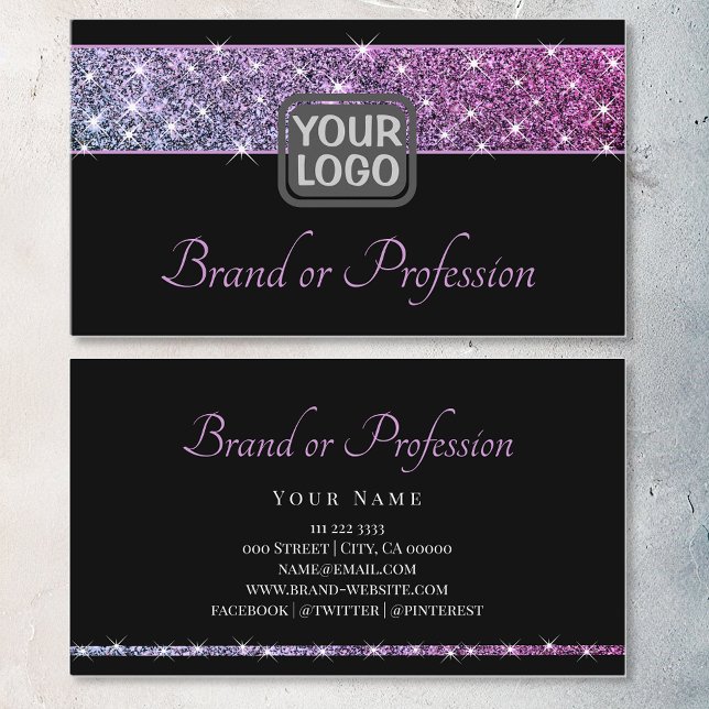 Purple Ombre Shimmery Glitter Stars Logo on Black Business Card (Creator Uploaded)