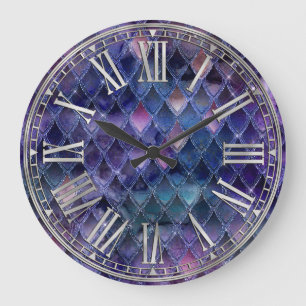 Purple Ombre & Silver Sparkles Dragon Scales Large Clock