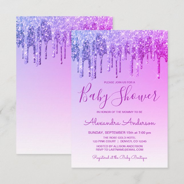 Purple Ombre Sparkle Glitter Baby Shower Invitation (Front/Back)