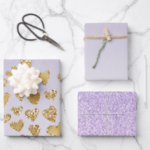 Purple Ombre Sparkle Gold Glitter Hearts Wrapping Paper Sheet