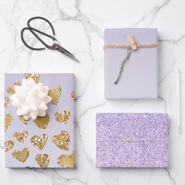 Purple Ombre Sparkle Gold Glitter Hearts Wrapping Paper Sheet (Front)