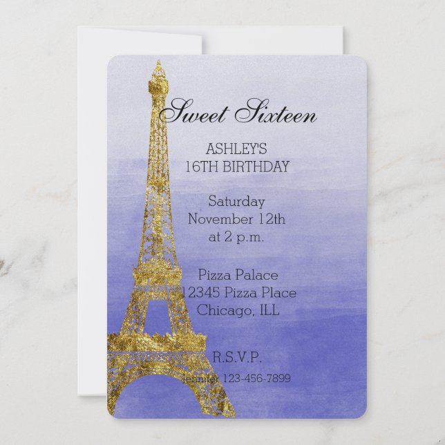 Purple Ombre Watercolor Eiffel Tower Sweet Sixteen Invitation (Back)
