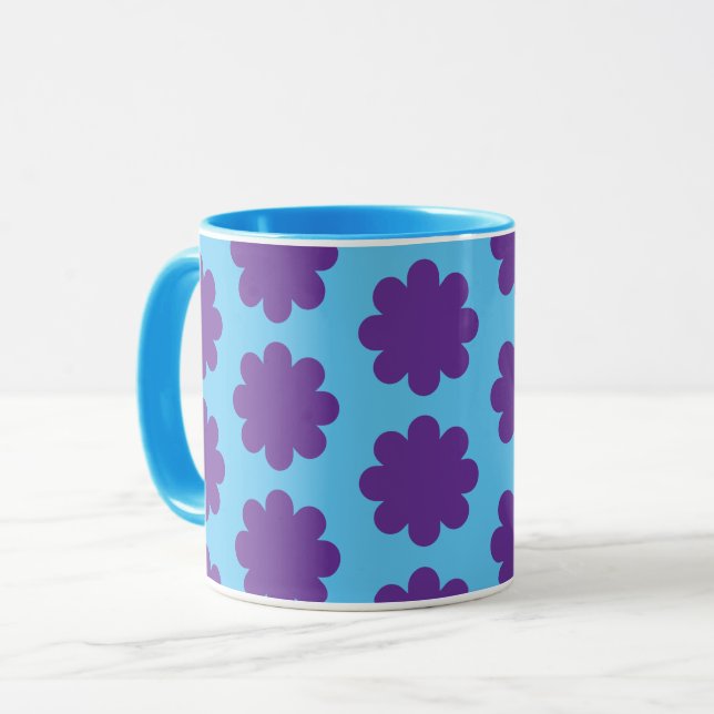 Purple on Aqua Blue Retro Flower Art Mug Cup (Front Left)