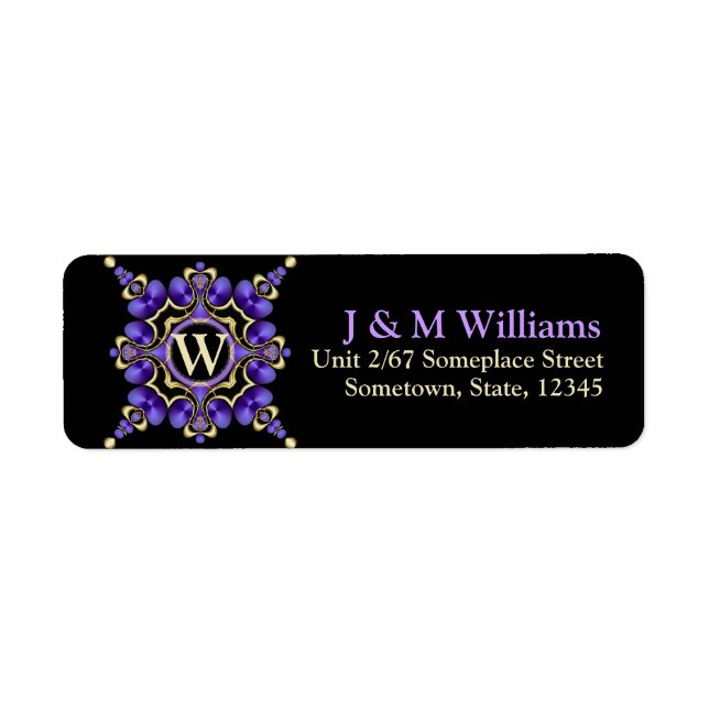 Purple on Black Decorative Monogram Address Labels (Front)